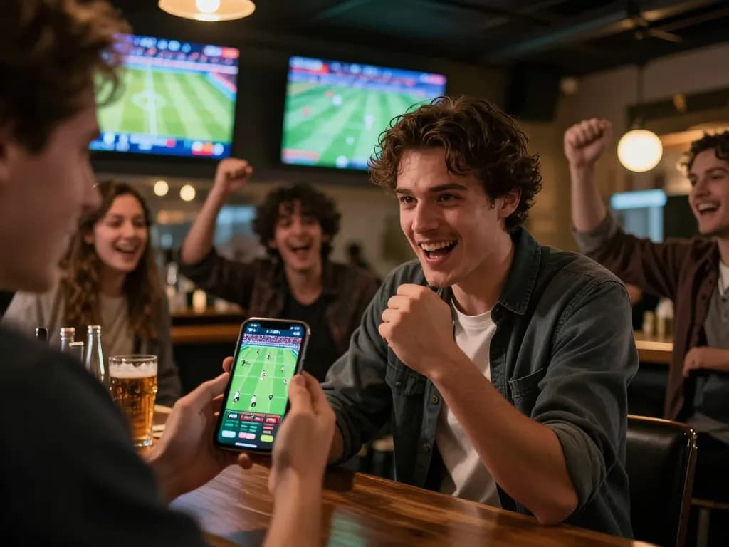 Person using the hi88 app to place live sports bets in a lively bar atmosphere.