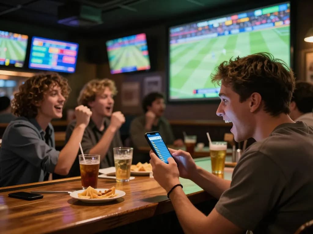 Excited sports betting moments with kèo nhà cái displayed on smartphone at a lively sports bar