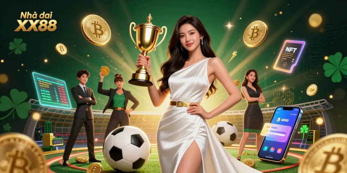 Experience thrilling gameplay with Nhà cái XX88, featuring a victorious casino scene with stunning visuals and trophies.