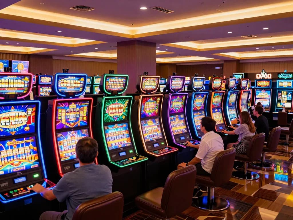 Players enjoying spins on vibrant slot machines at a situs slot gacor venue, showcasing excitement and dynamic gameplay