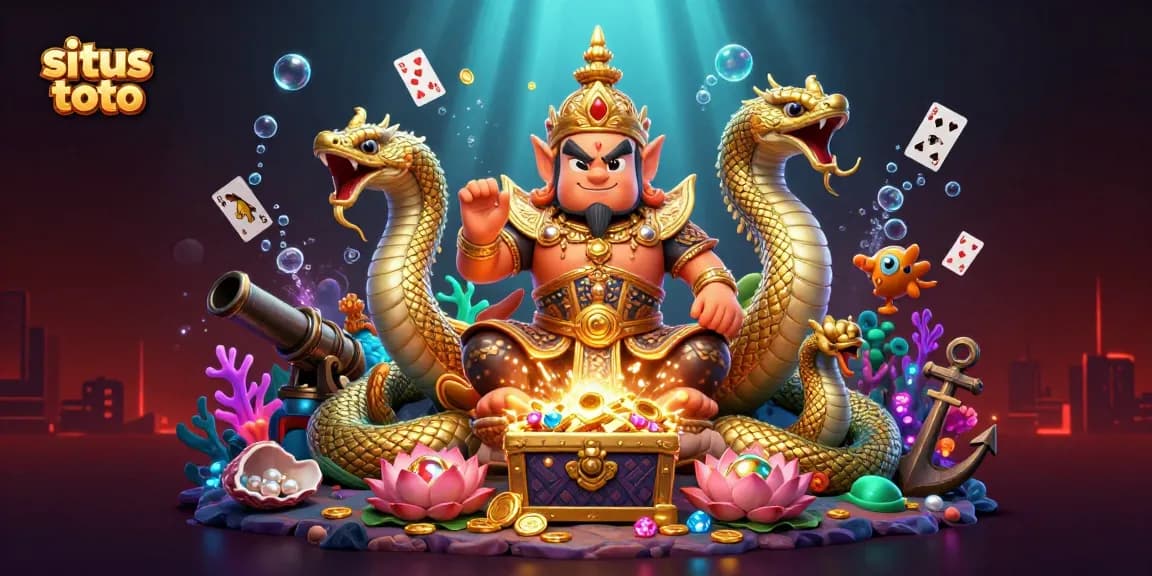 Experience the thrill of situs toto with vibrant 3D illustration of a guardian and festive casino elements.