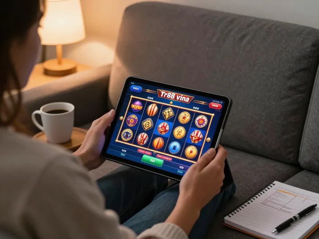 Engaging in strategic gaming on Tr88 Vina platform with exciting slot visuals in a cozy setup.