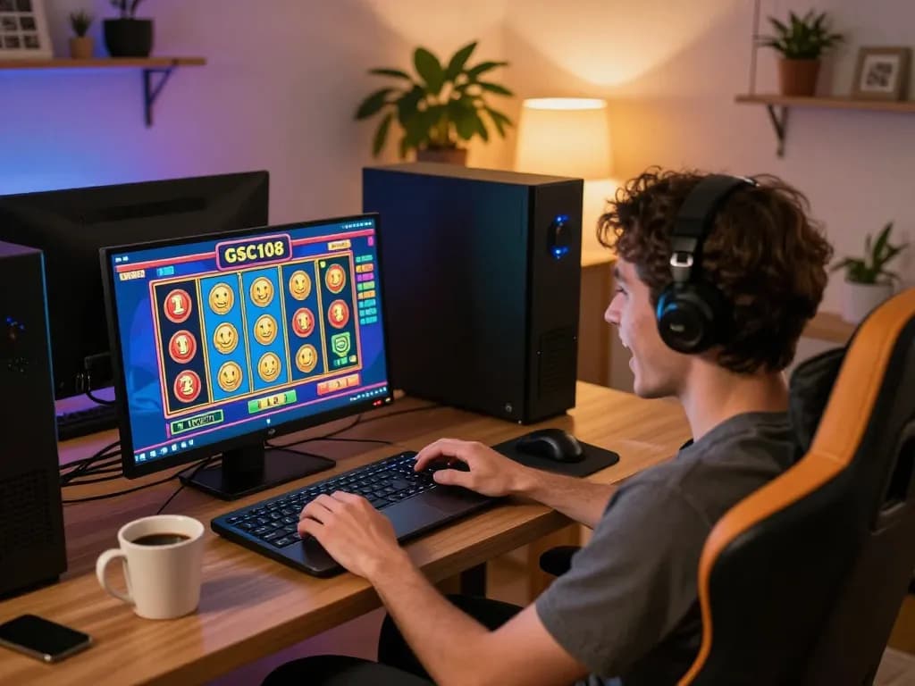 Pemain menikmati permainan slot Gsc108 di laptop, suasana bermain di rumah yang ceria