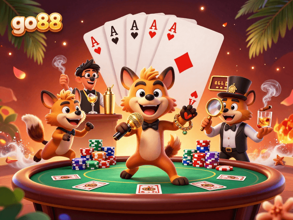 go88's vibrant comedy casino scene with hyena characters entertaining and bartending