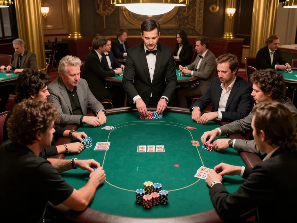 Engaged players at a high-stakes poker game in LUCK8 casino venue, showcasing strategic gameplay and thrilling atmosphere