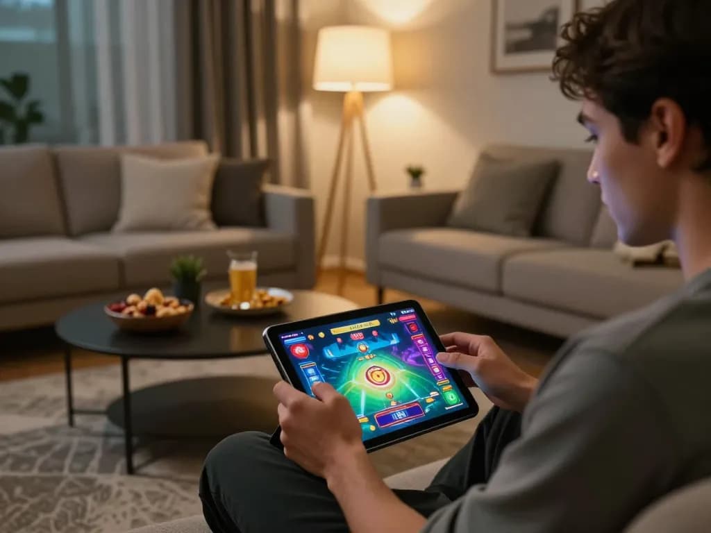 Engaged user playing FC88 mobile casino on tablet in a cozy living room setting