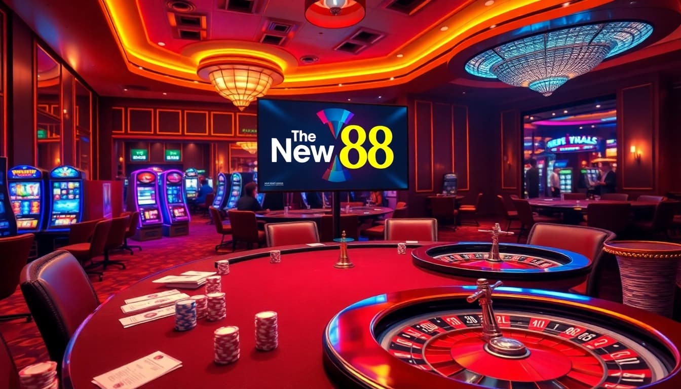 Experience the excitement of New 88 with players at a vibrant casino table surrounded by poker chips and slot machines.
