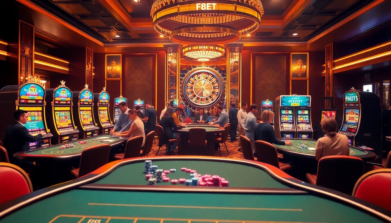 Exciting gambling scene at F8BET casino with vibrant tables and energetic players.