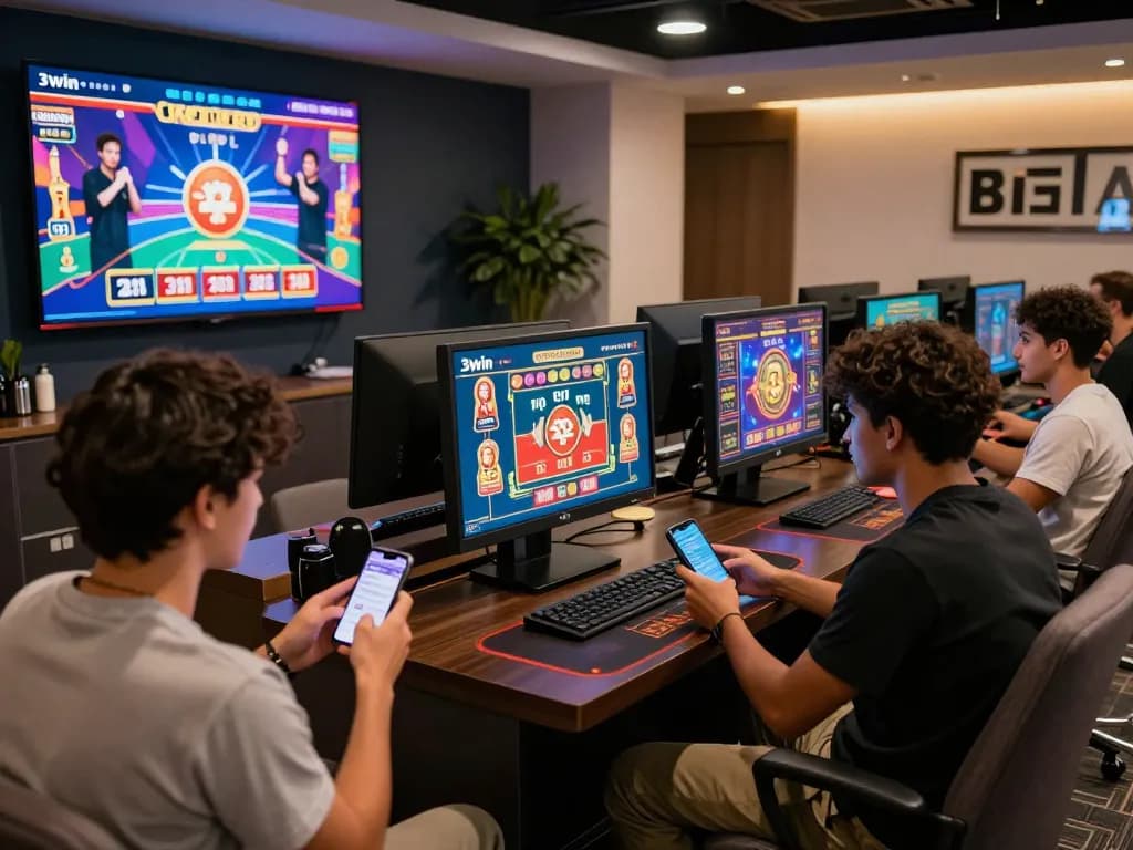 3win players enjoying immersive online betting games in a vibrant gaming lounge