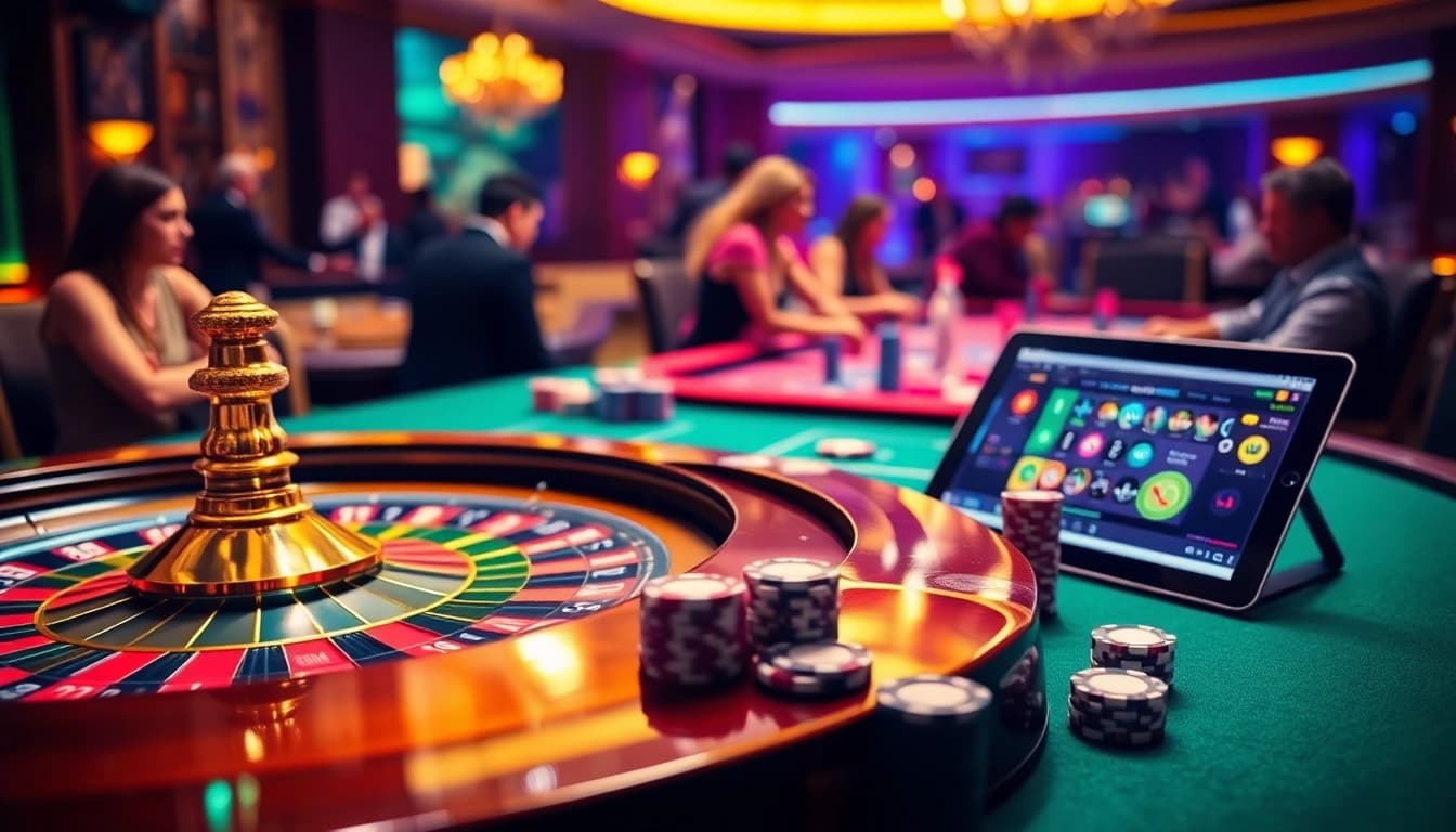 Experience the thrill of gambling at OK365 with vibrant roulette and poker elements.
