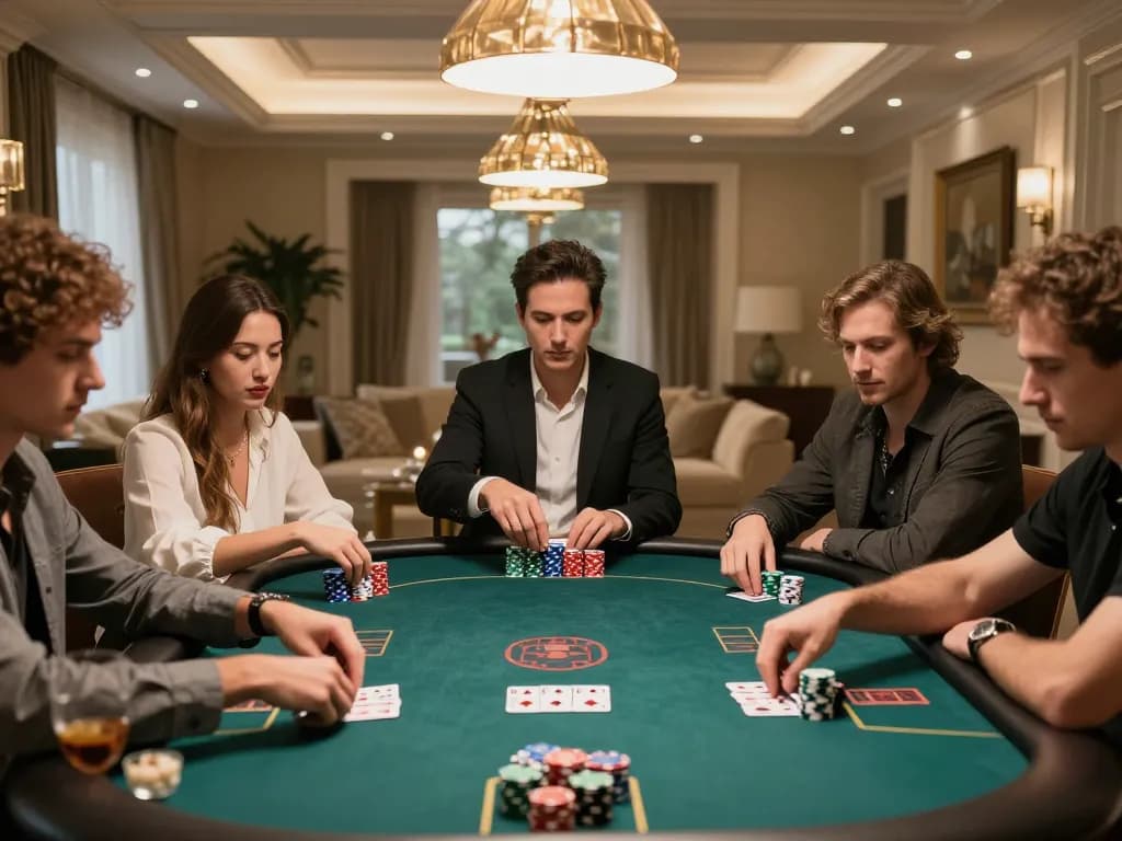 Players engaged in a thrilling poker game at home, showcasing gg88's strategic gameplay with focused expressions.