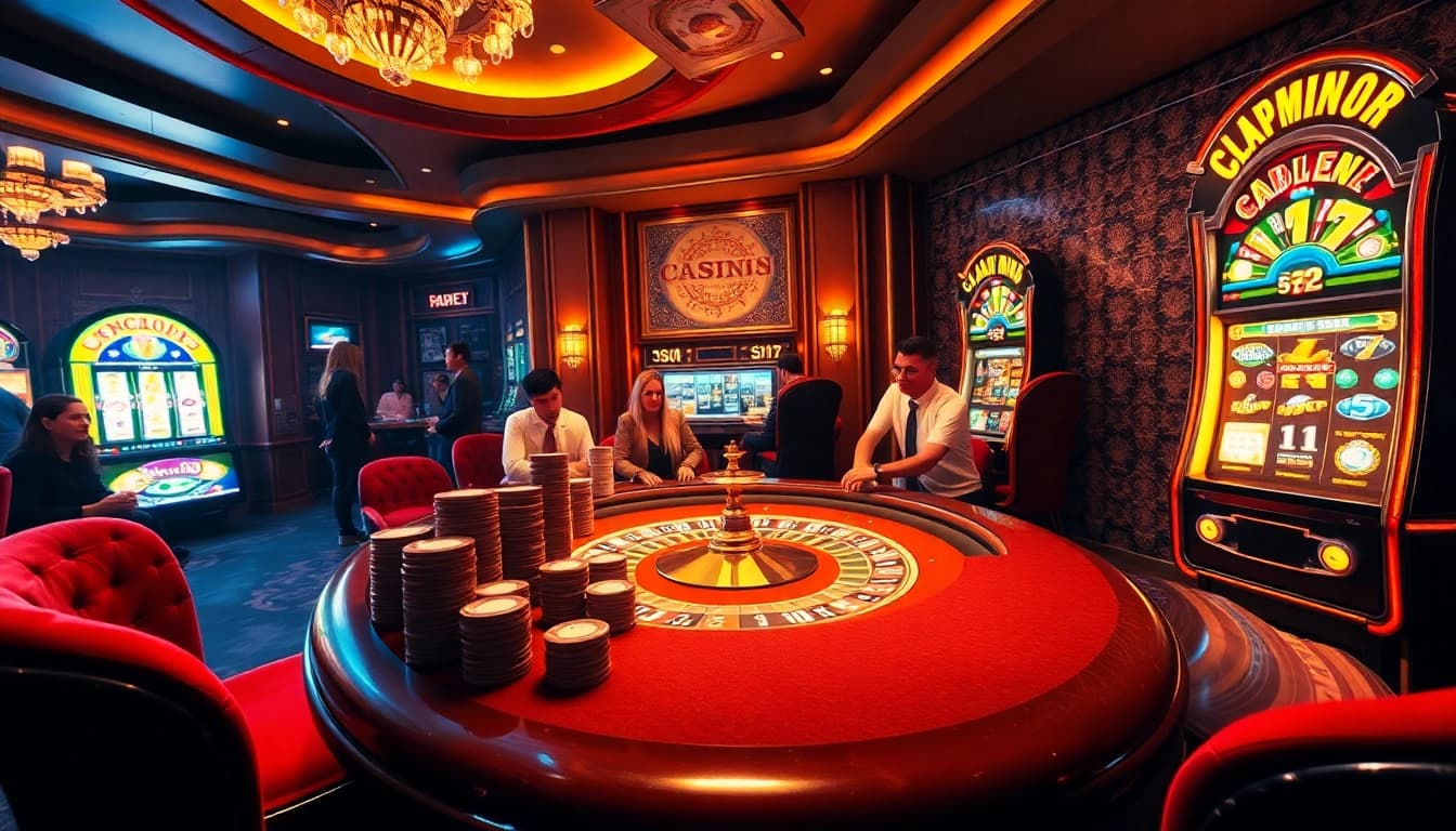 B52 casino scene showcasing vibrant slot machines and opulent poker tables filled with action.