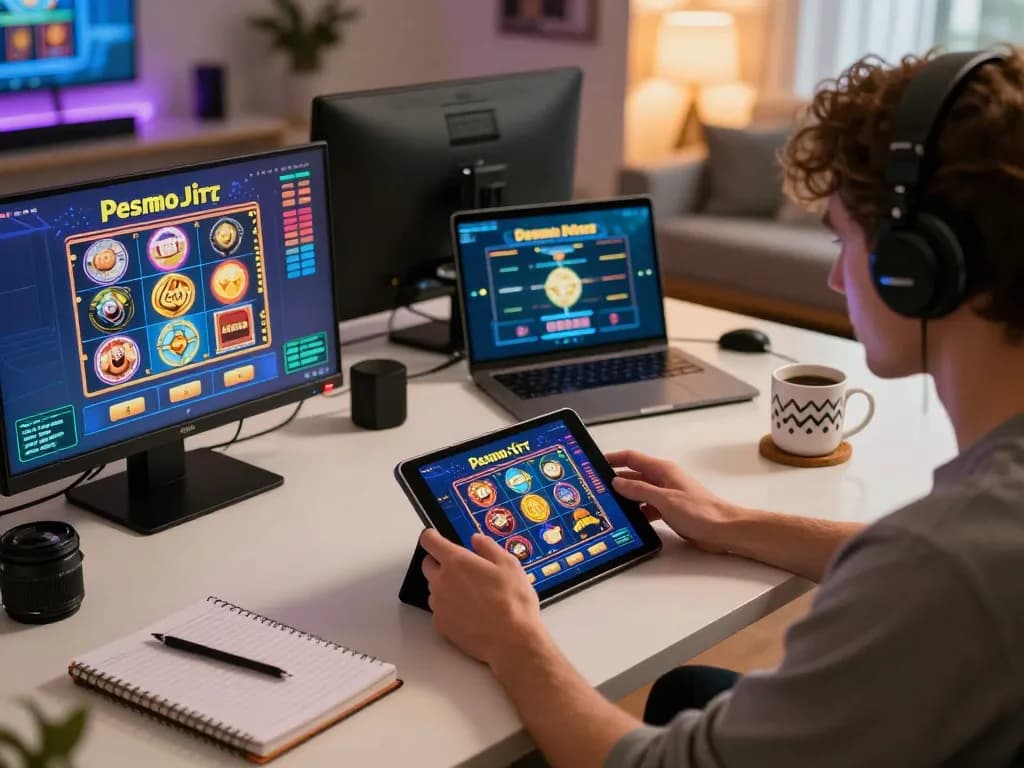 Berinteraksi dengan Demo Slot PG Soft di tablet, menampilkan pengaturan permainan rumahan yang mengundang.