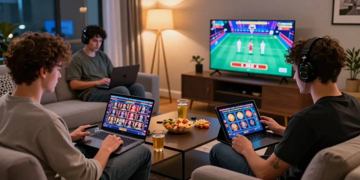 Players enjoying credit card casinos at home, engaged with laptops and tablets, vibrant atmosphere.