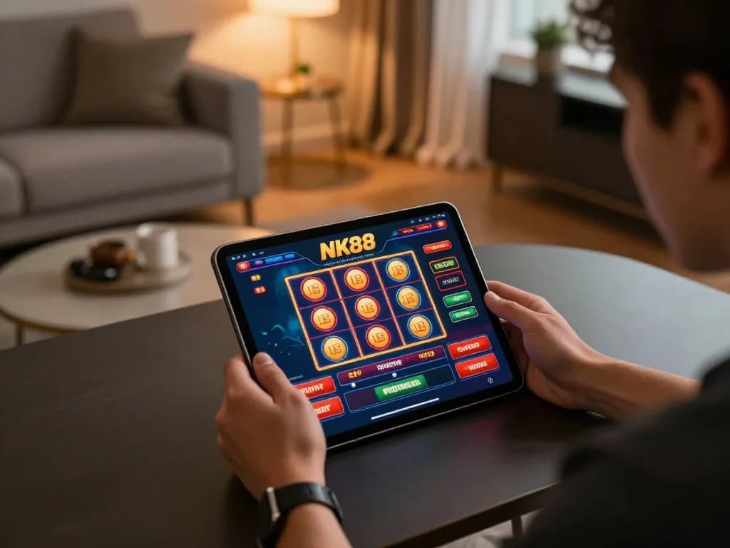 Experience thrilling online gambling with NK88 on a cozy tablet setup.