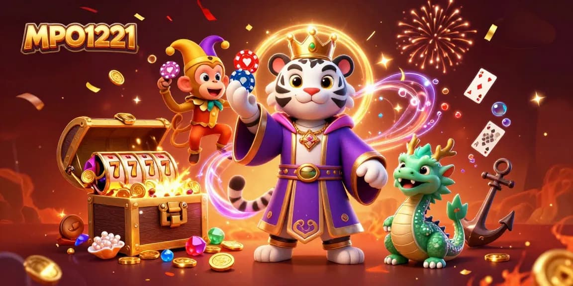 MPO1221 menyajikan jackpot menarik saat harimau putih megah menampilkan gulungan slot dan chip poker.
