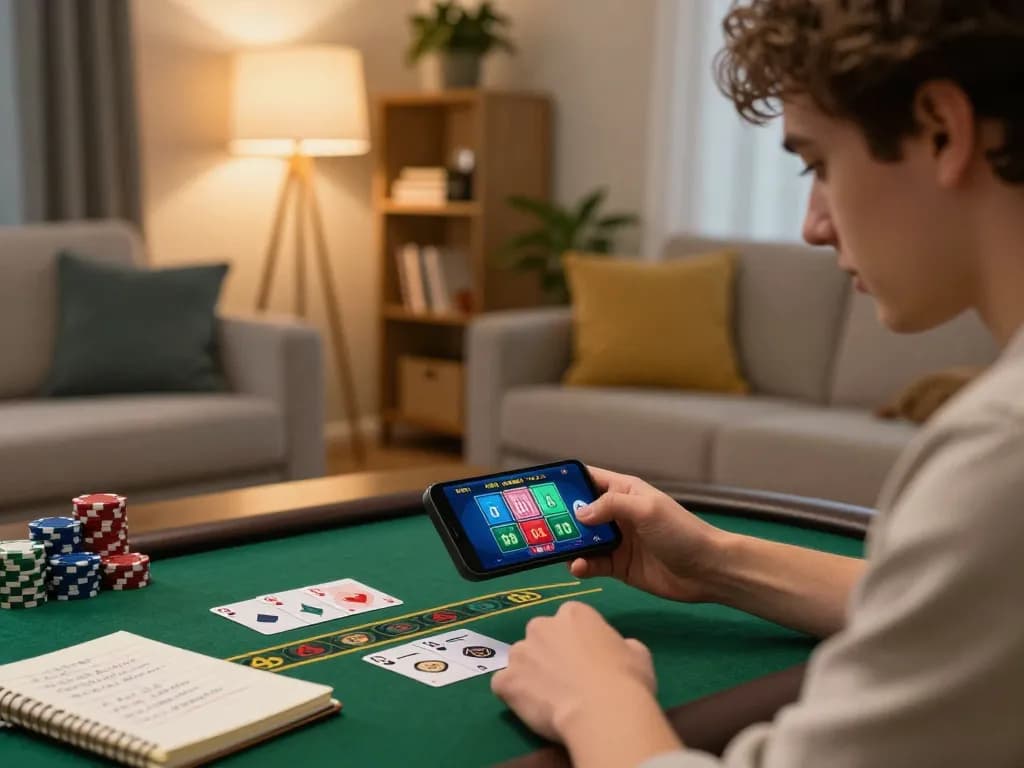 Engage in tải hitclub mobile gaming with a user playing blackjack on their smartphone in a cozy setting.