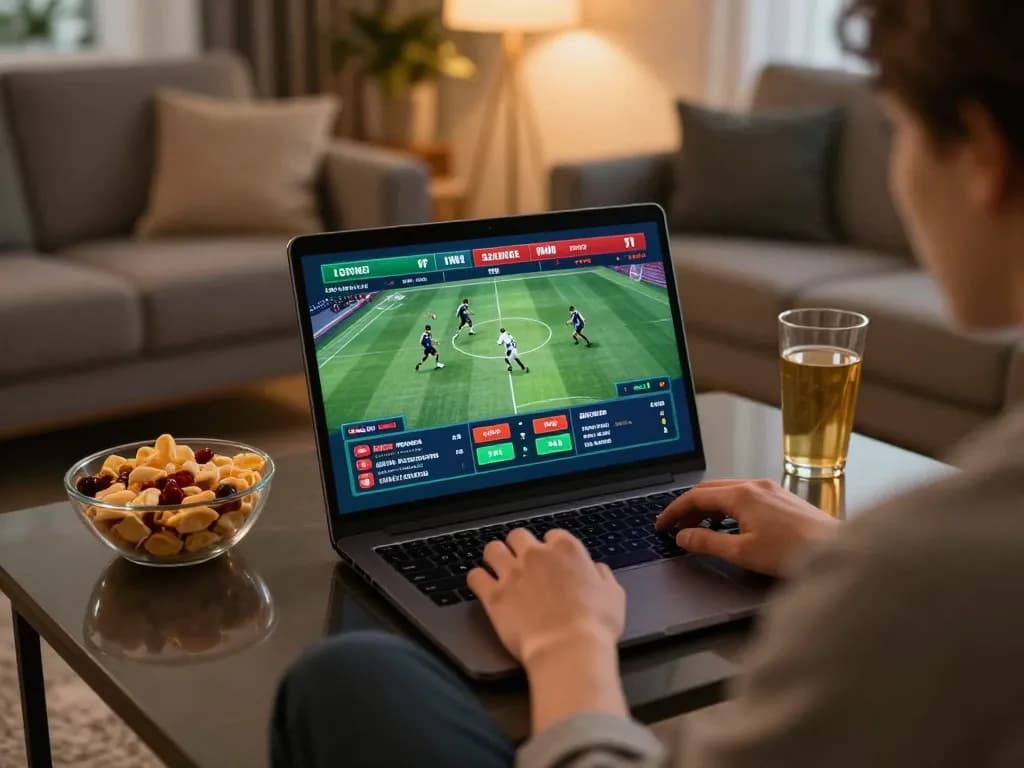 Engaging in online sports betting at home, highlighting Best Safe Non AAMS casinos experience in a cozy setting.