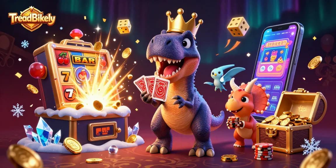 TreadBikely showcases a fun casino scene featuring cartoon dinosaurs engaging in gaming adventures with vibrant elements.