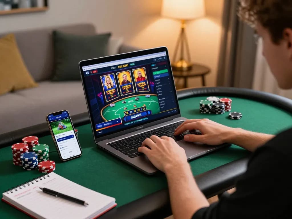 A player engaging in australian online casino gaming at home using a laptop and smartphone.