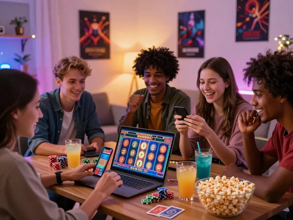 Online gaming experience at home with friends enjoying God55 casino games, showcasing vibrant graphics and joyful atmosphere.