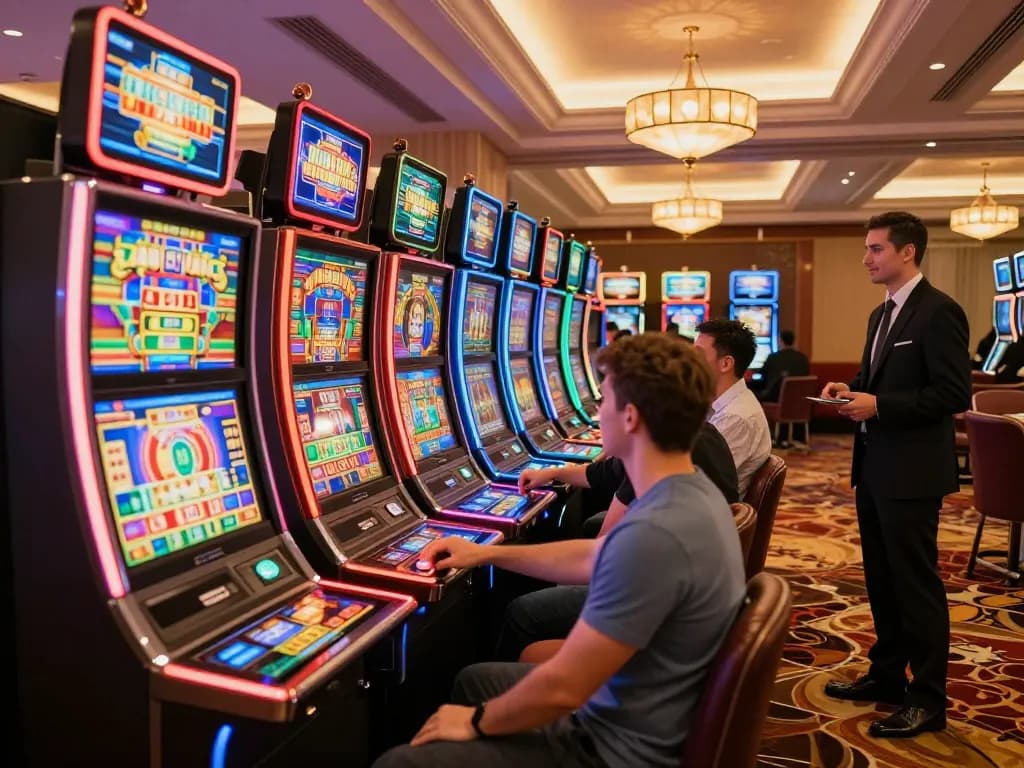 TOPBET experience in a vibrant casino with players engaging at slot machines, full of excitement and anticipation.