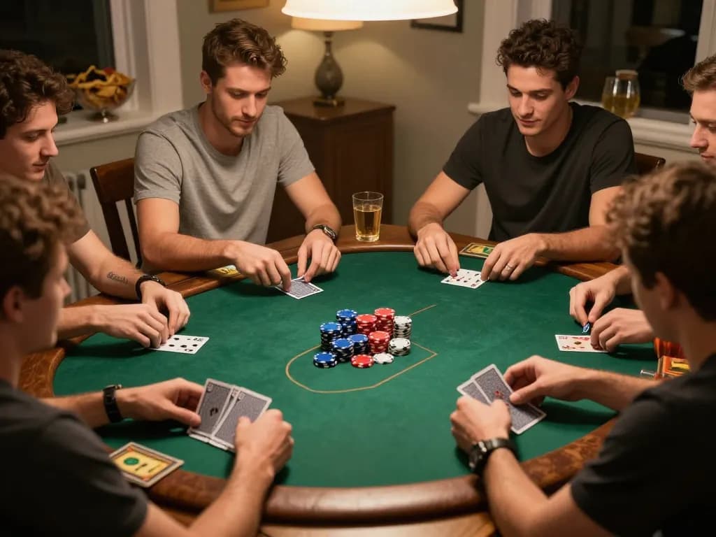Sahabat menikmati permainan poker santai, menampilkan strategi gaya artis komik dengan chip dan kartu berwarna-warni.