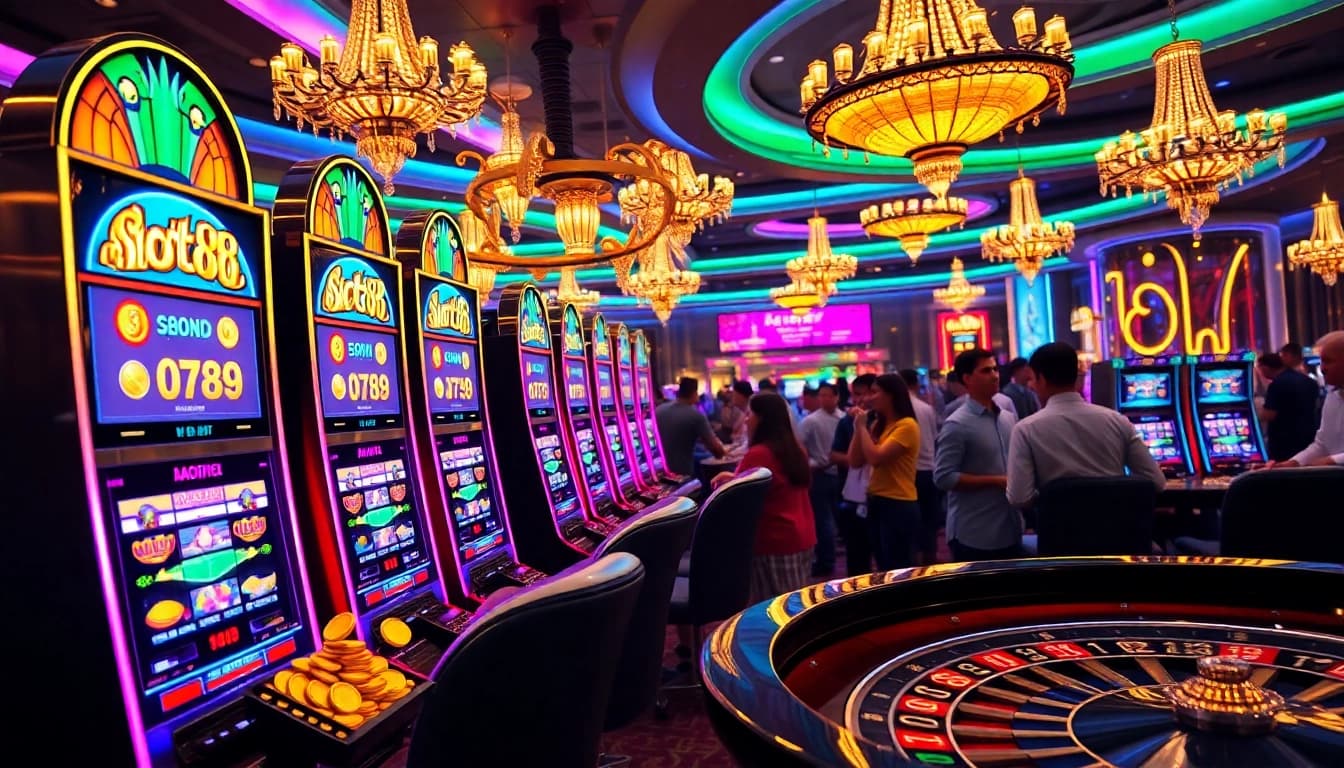 Pemain menikmati aksi slot88 yang mengesankan di kasino mewah, dikelilingi oleh mesin slot yang penuh warna.