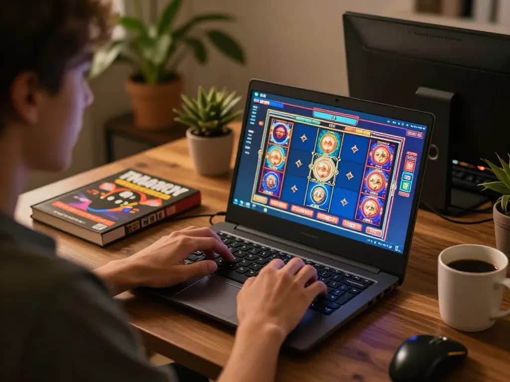 Engaging in online slots gaming at paris888 with a dynamic laptop interface showing vibrant graphics.