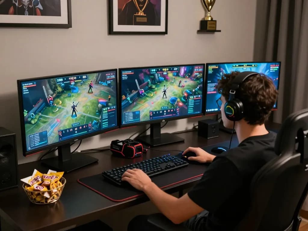 Person engaging in esports betting on TR88 platform with multiple screens displaying games.
