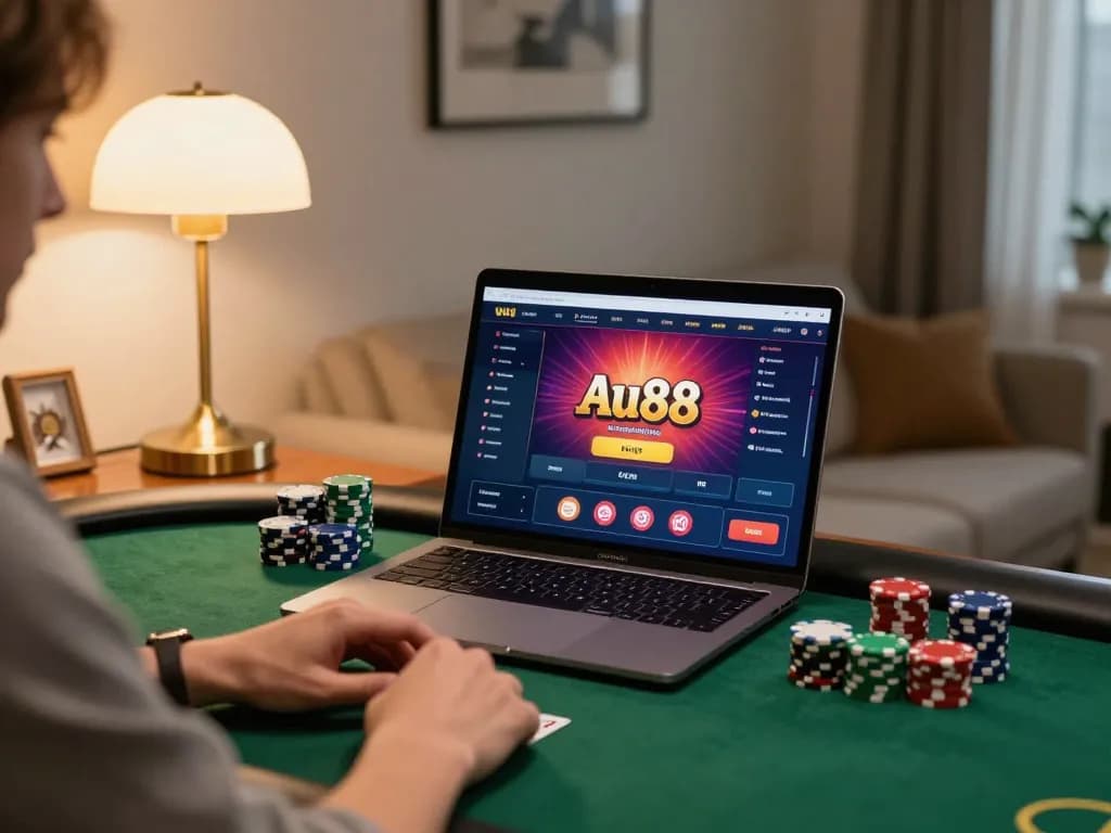Engaged player analyzing strategies for au88 poker game on a laptop at home