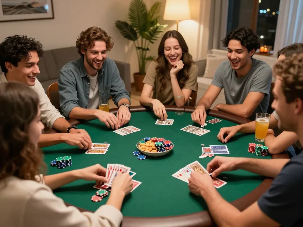 Open88 poker night with friends enjoying chips and cards in a cozy home setting.