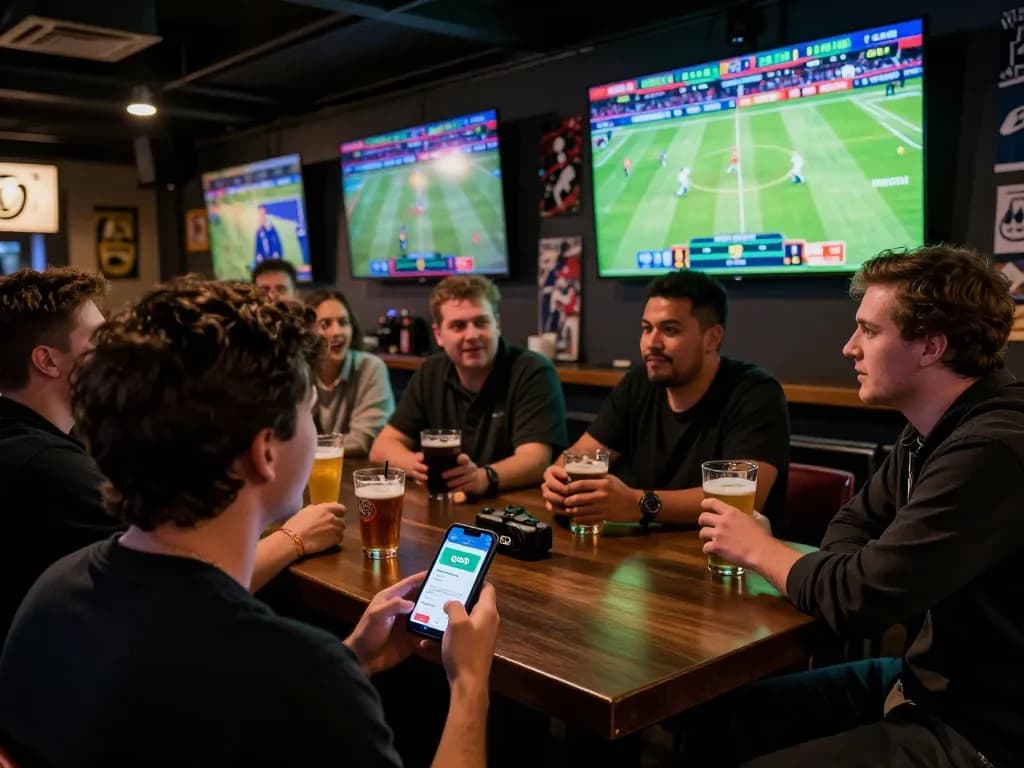 Engaging scene of sports betting enthusiasts using the game go8 app while watching live sports.