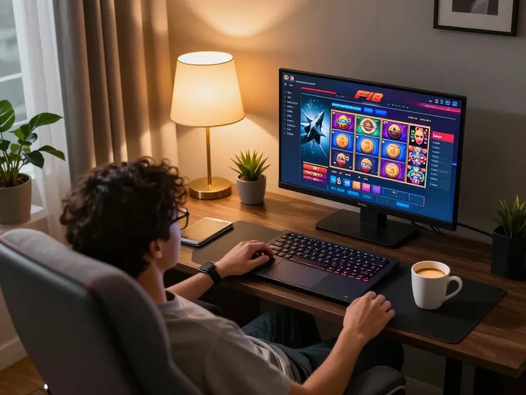 F168 player engaging in online casino gaming with vibrant interface and cozy atmosphere.
