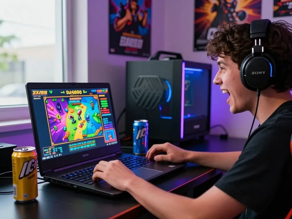 Player immersed in ZX88 nổ hũ slot game on a laptop, vibrant graphics and modern gaming setup.