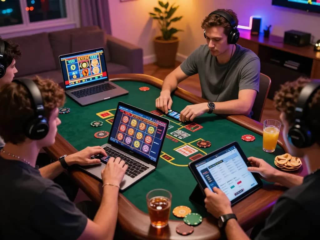 Engaging players enjoying online USA casinos on devices, featuring a live dealer game and slot machine.