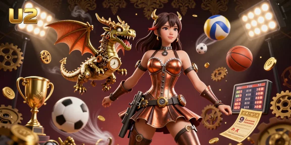 Engage in vibrant gambling action with U2 casino's immersive scene featuring dynamic sports and gaming elements.