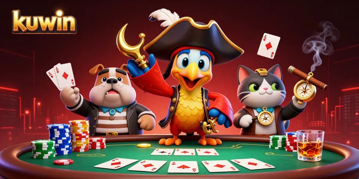 Kuwin showcases an interactive casino scene with a pirate captain and friends at a poker table.