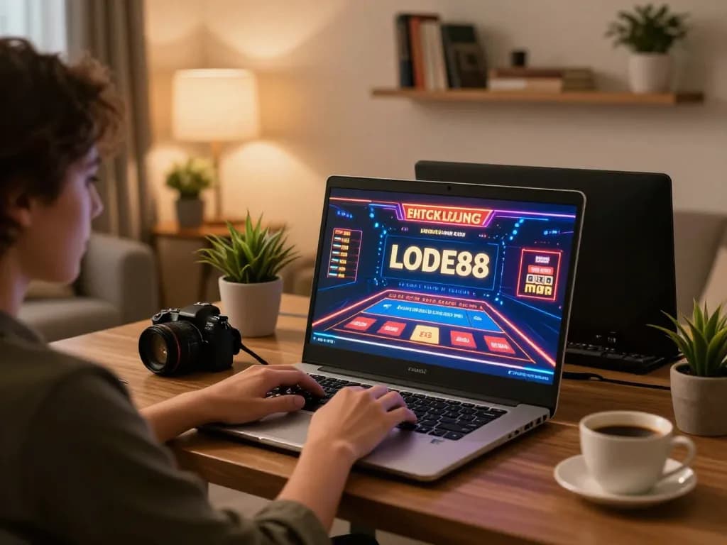 Engaging in LODE88 online gambling from a cozy home setup, showcasing laptop gaming and personal touches