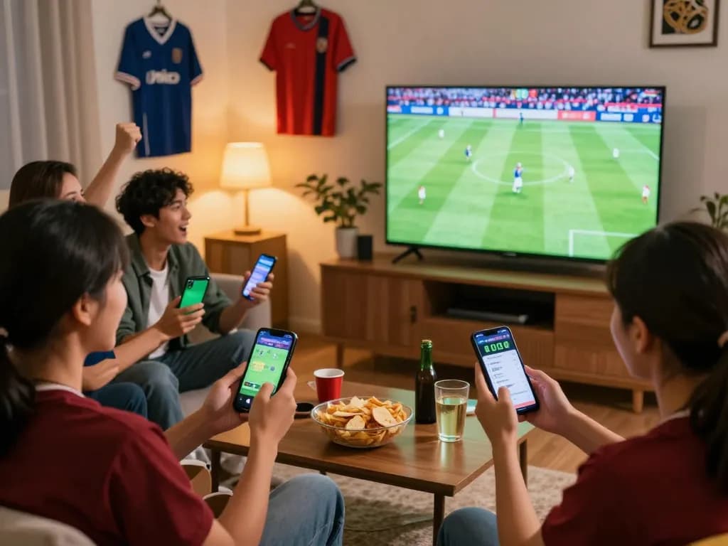 Excited friends engaging in 7meter Judi Bola while watching live football, creating a lively sports betting atmosphere.