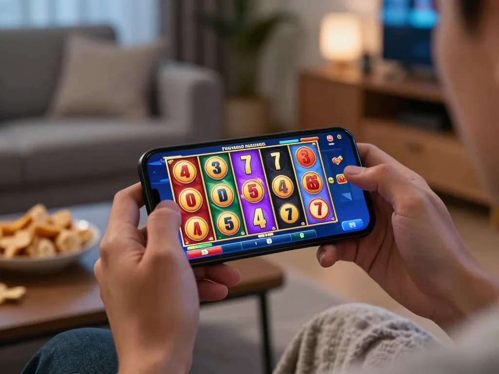 Engaged player watching online slot Malaysia game on smartphone in a cozy living room.
