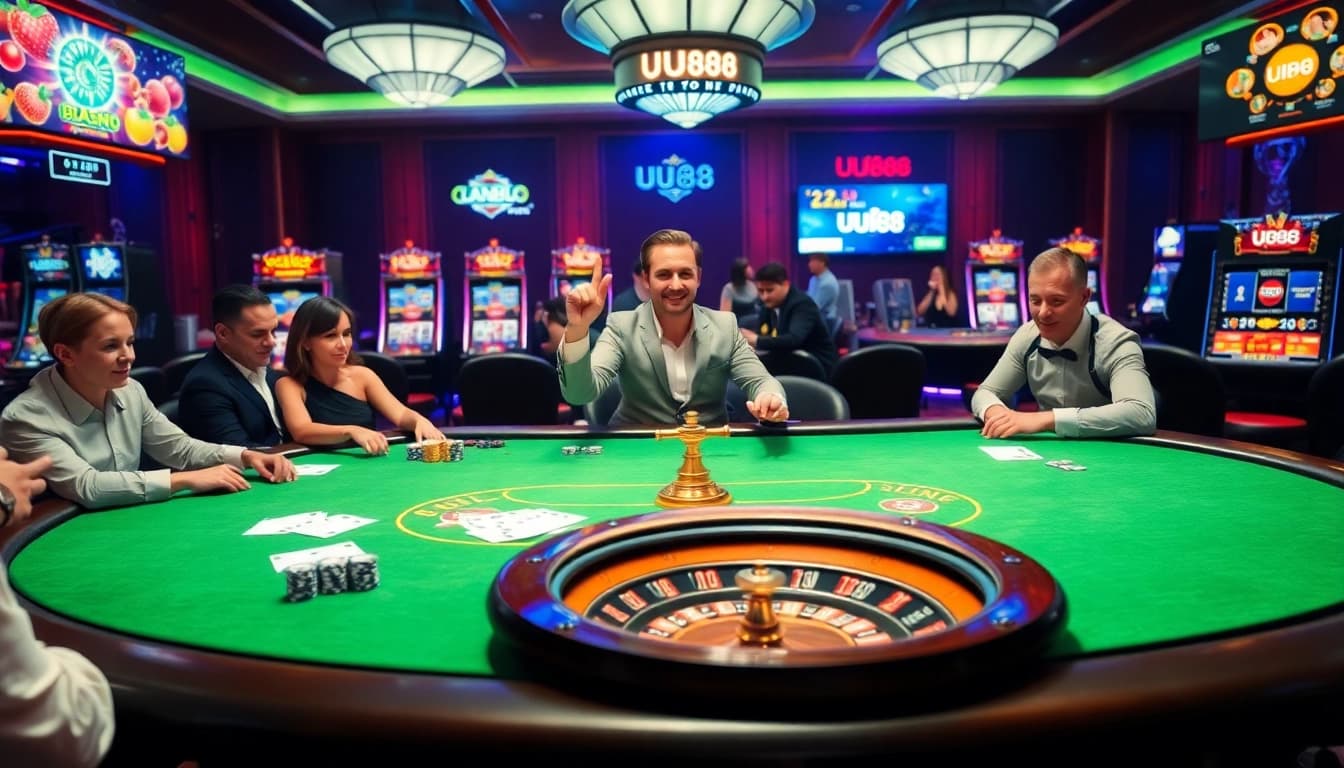 Exciting gambling scene at UU88 showcasing poker and roulette, highlighting vibrant casino elements.