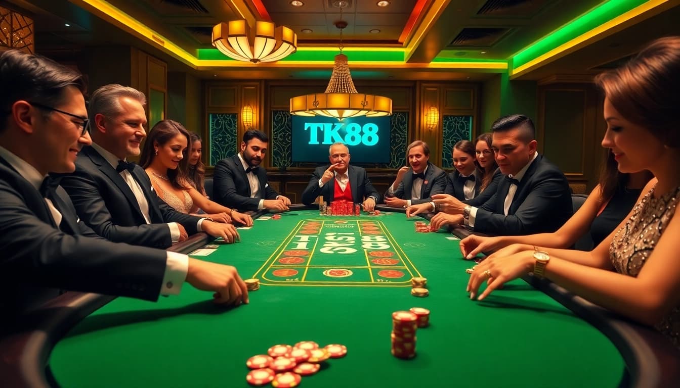 tk88 players betting at an elegant casino table filled with chips and cards