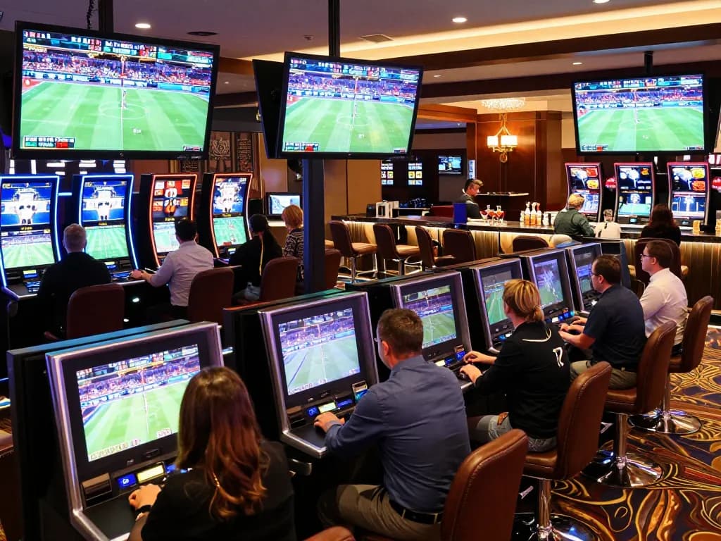 Bsport sports bettors engaging with live betting kiosks at a vibrant casino.