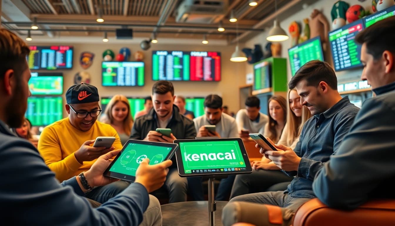Dynamic sports betting scene showcasing keonhacai with enthusiastic bettors analyzing odds.
