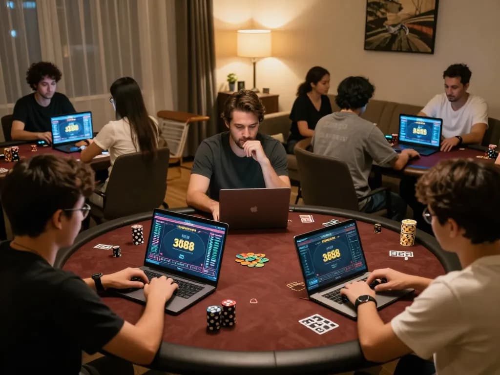 Players engaging in Domino88 poker online, showcasing competitive gameplay with cozy home setups.