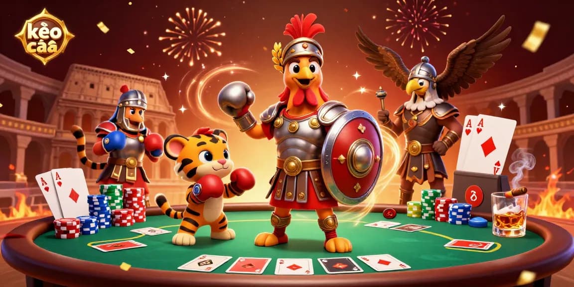 Bet on kèo nhà cái amidst vibrant energy with rooster gladiator, tiger cub, and poker elements.