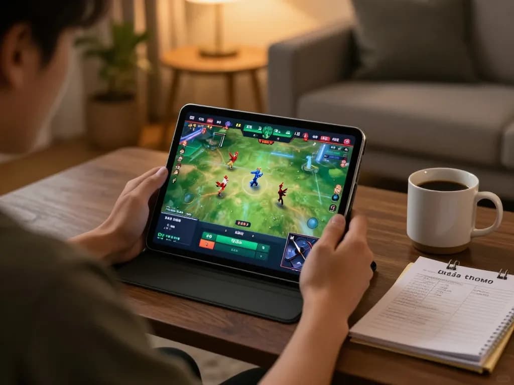 Player enjoying đá gà thomo live streaming on tablet in cozy home setting.