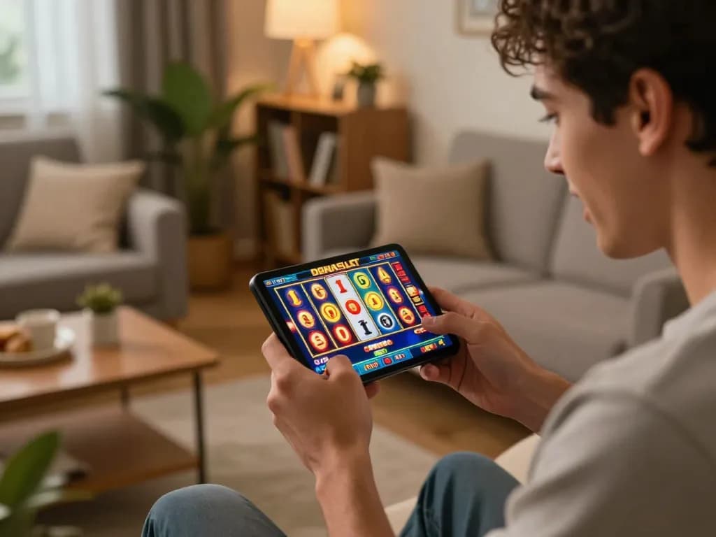 Player engaging with the dewaslot mobile slot game, showcasing excitement with vibrant spinning reels.