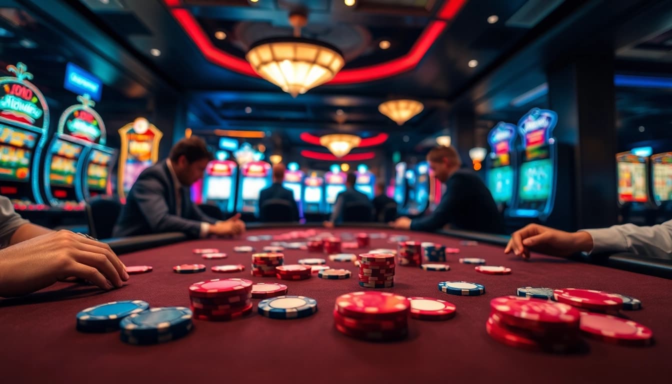 Erleben Sie das spannende casino spielen an einem eleganten Pokertisch mit Spielern.